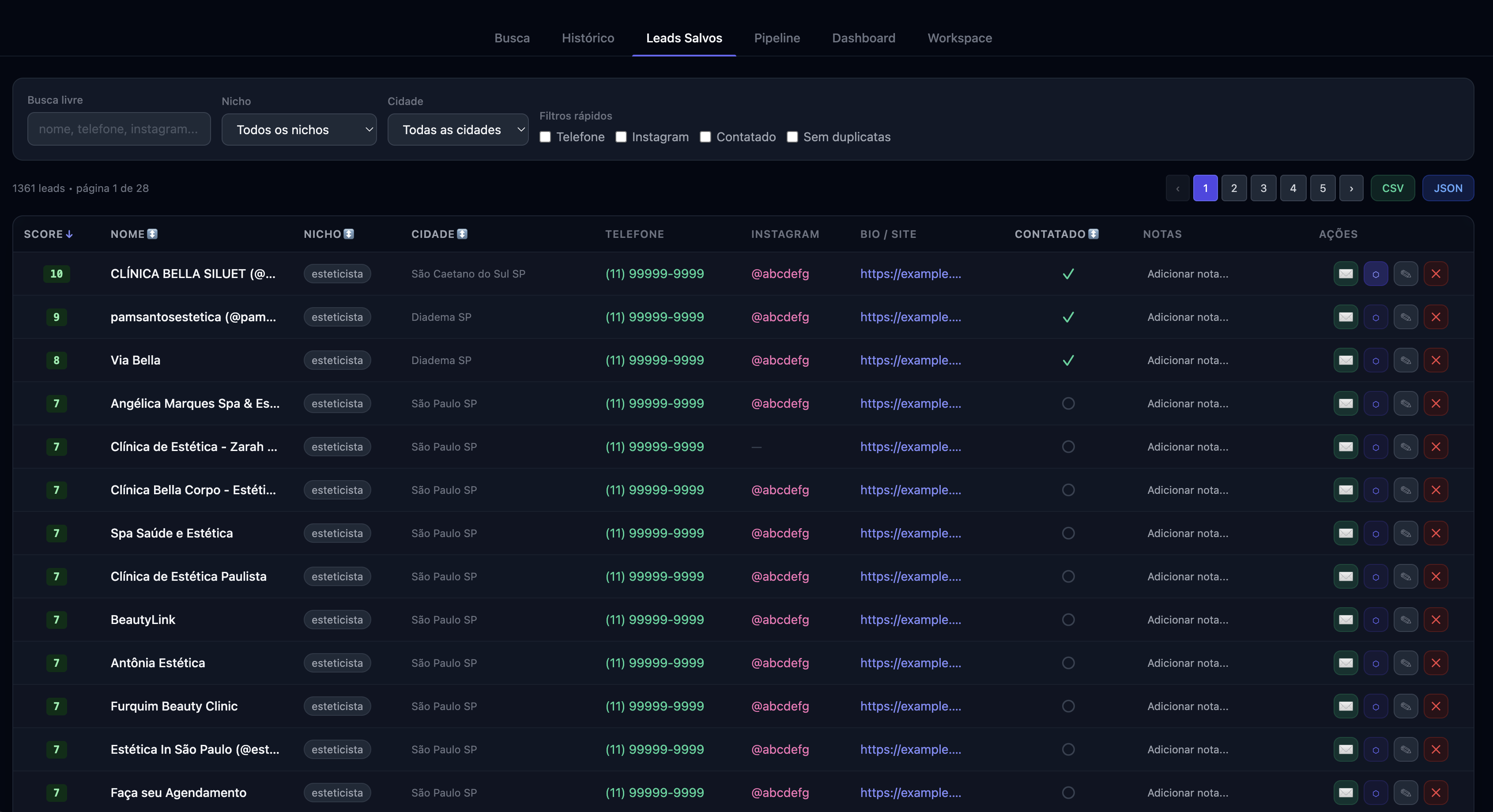 Capteai — tabela de leads com telefone, Instagram e bio page
